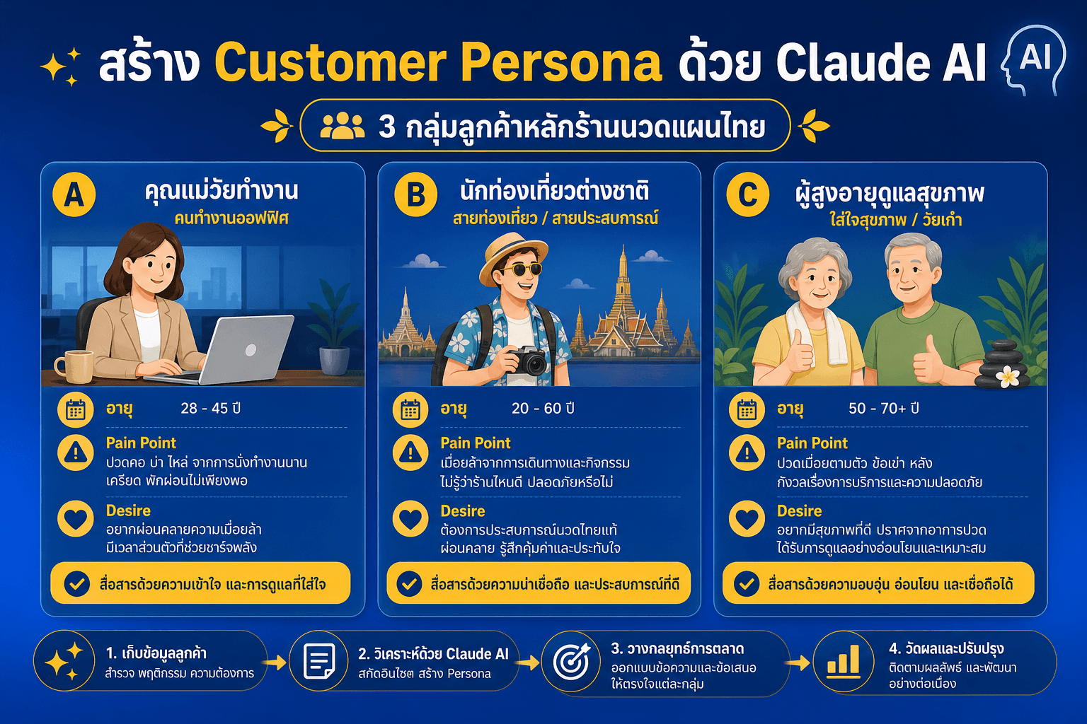 สร้าง Customer Persona 3 กลุ่มหลักด้วย Claude AI สำหรับร้านนวดแผนไทย