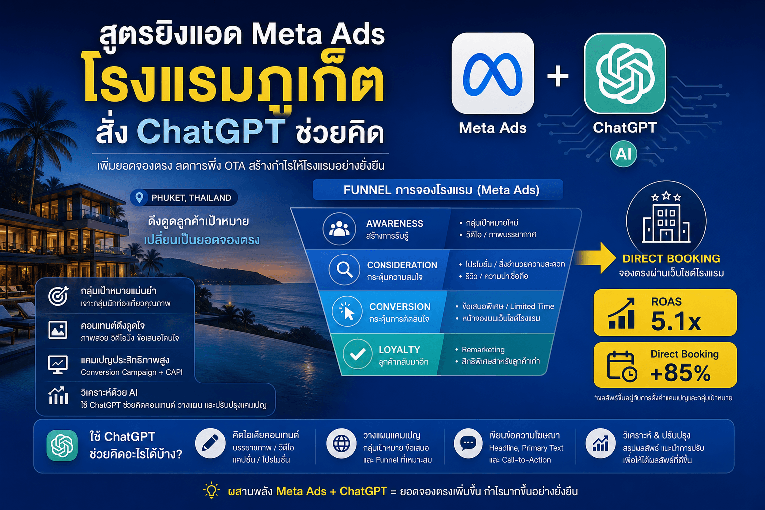 สูตรยิงแอด Meta Ads โรงแรมภูเก็ต สั่ง ChatGPT ช่วยคิด — อินโฟกราฟฟิค Booking Funnel และ Direct Booking