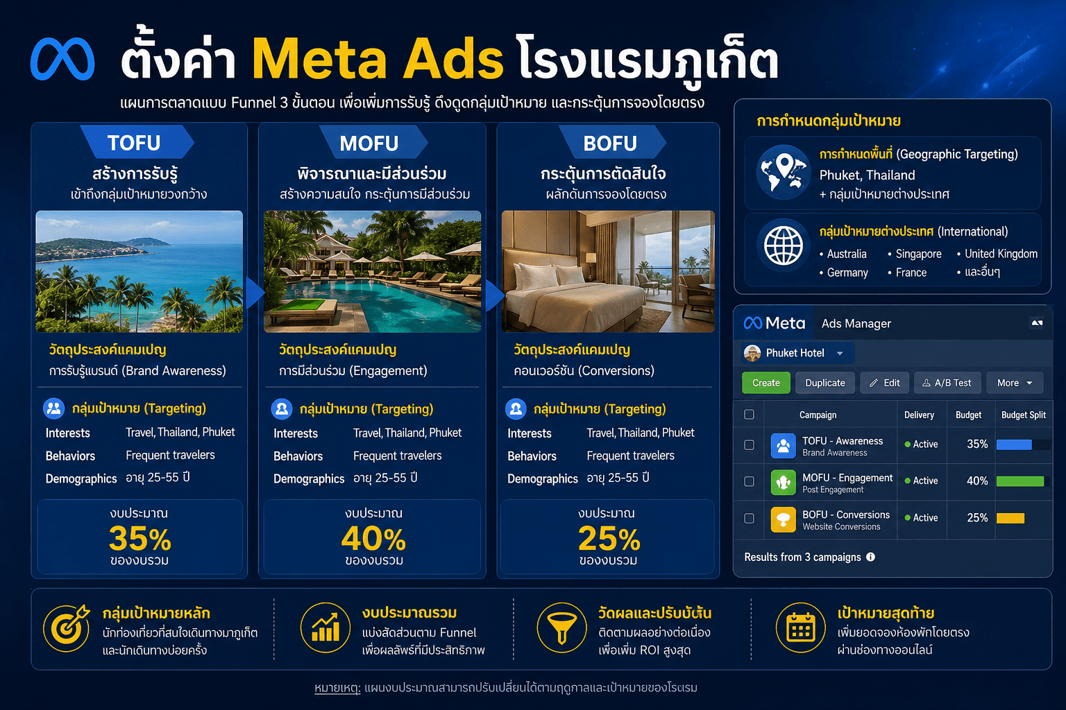 ตั้งค่า Meta Ads Targeting สำหรับโรงแรมภูเก็ตตาม Booking Funnel Stage