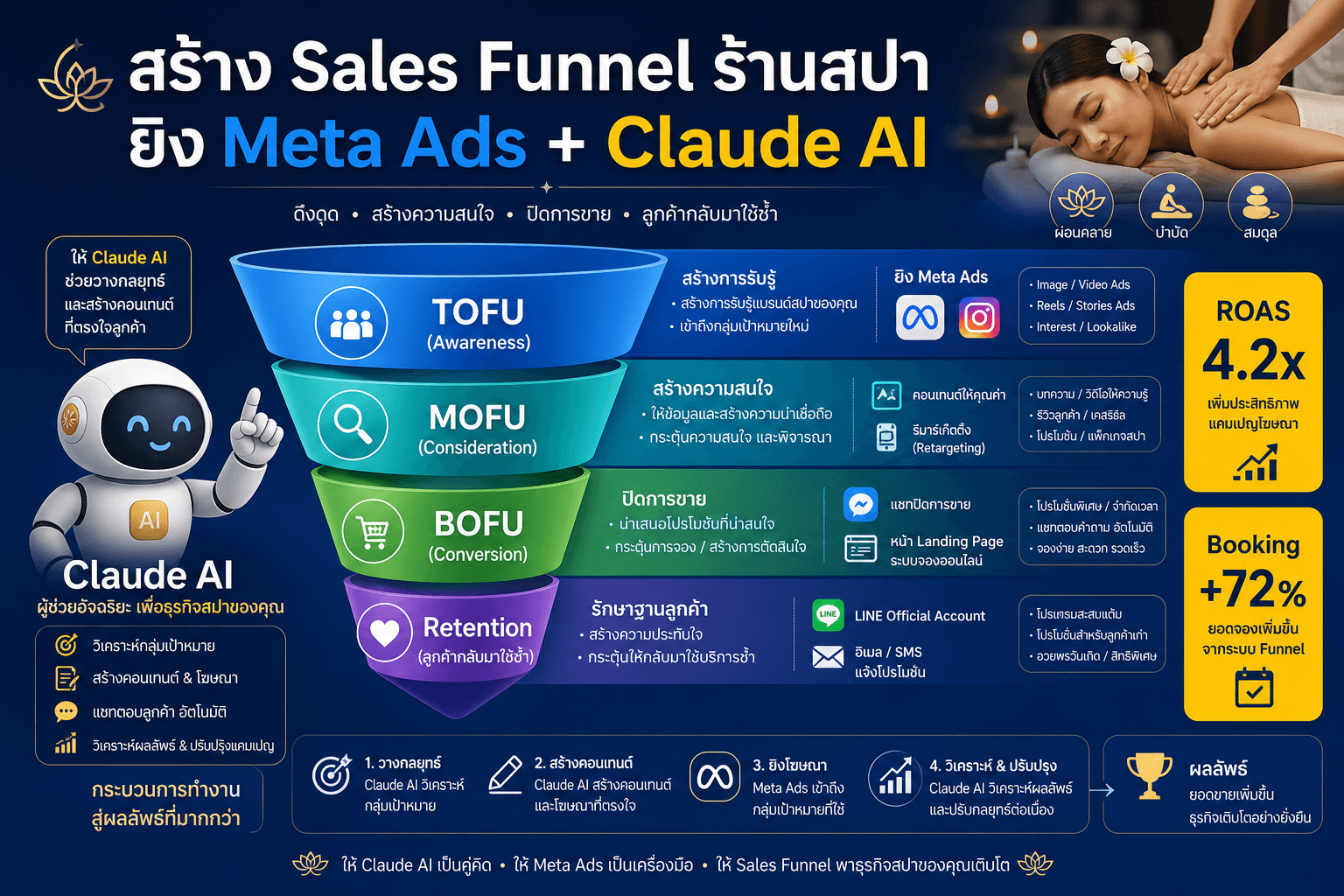 สร้าง Sales Funnel ร้านสปา ยิง Meta Ads + Claude AI — อินโฟกราฟฟิค Sales Funnel 4 ระดับ TOFU MOFU BOFU Retention
