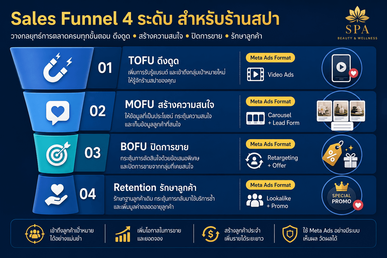 Sales Funnel 4 ระดับ TOFU MOFU BOFU Retention สำหรับร้านสปา