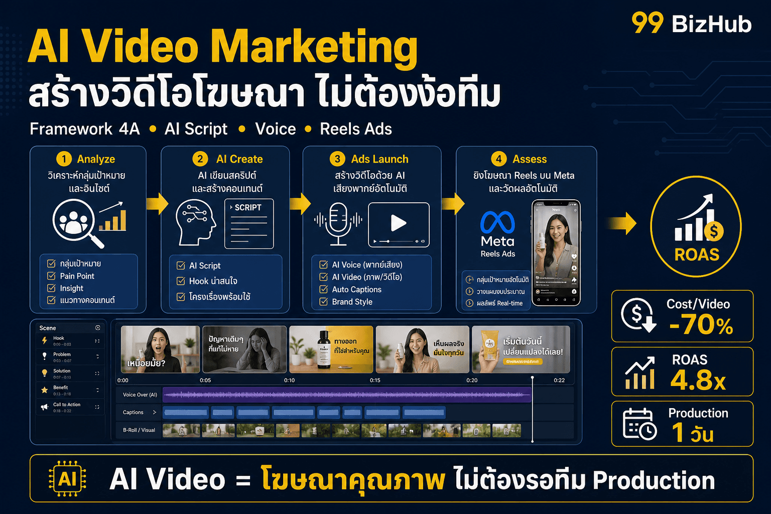 AI Video Marketing สร้างวิดีโอโฆษณา ไม่ต้องง้อทีม — Framework 4A ROAS 4.8x Cost/Video -70%