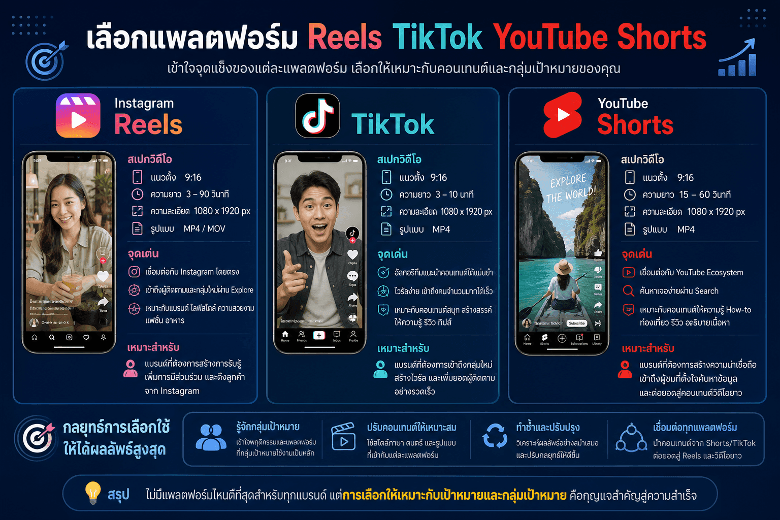 เลือกแพลตฟอร์ม Reels TikTok YouTube Shorts