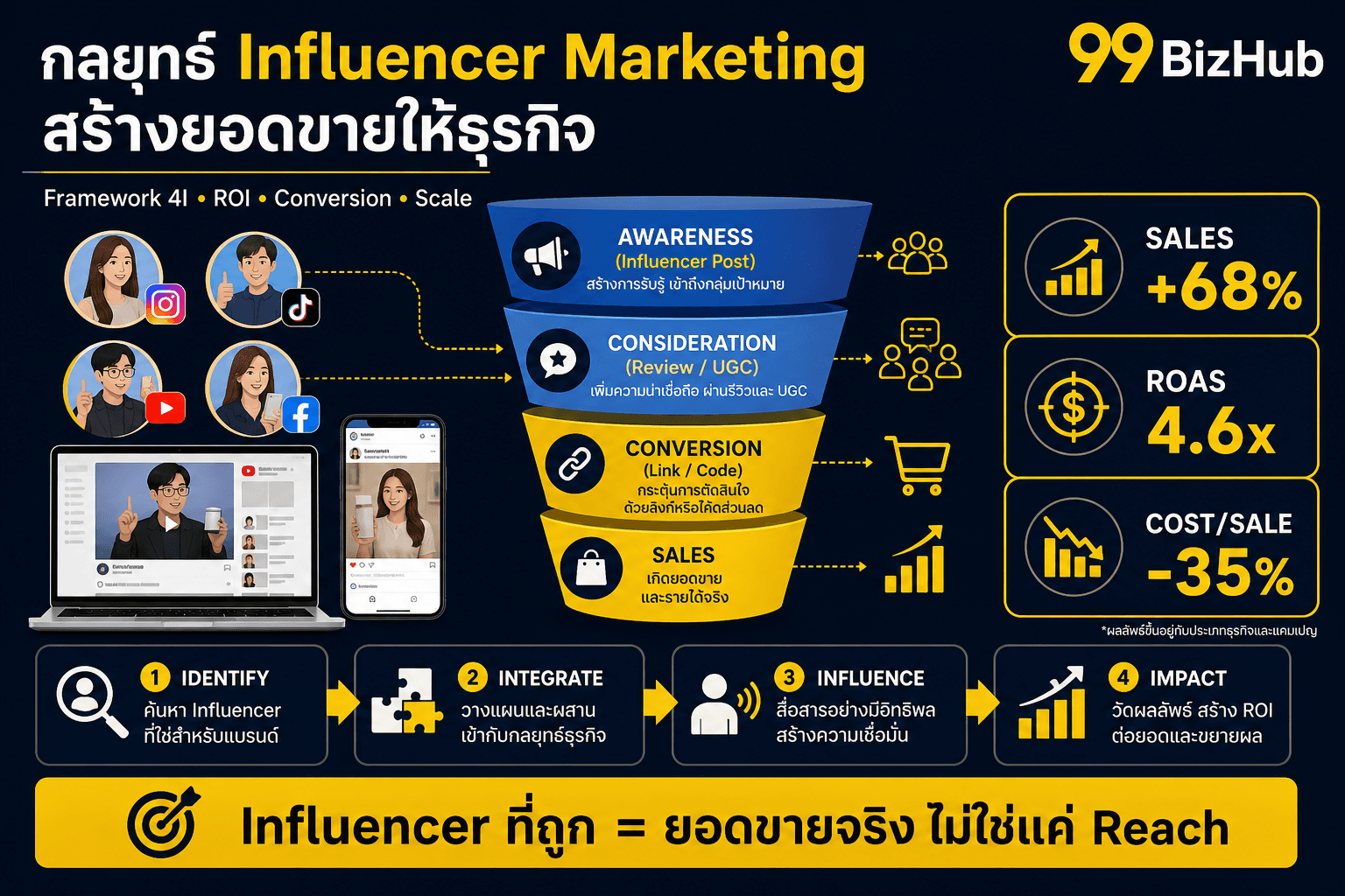 กลยุทธ์ Influencer Marketing สร้างยอดขายให้ธุรกิจ — Framework 4I Sales +68% ROAS 4.6x