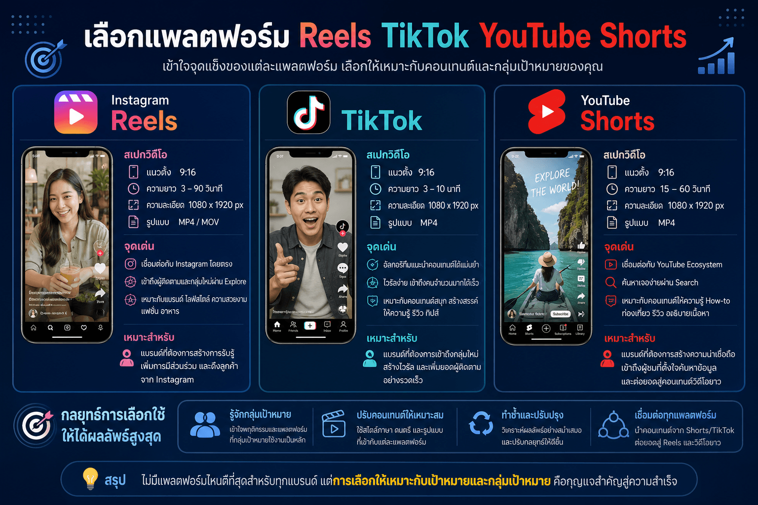 เลือกแพลตฟอร์ม Reels TikTok YouTube Shorts
