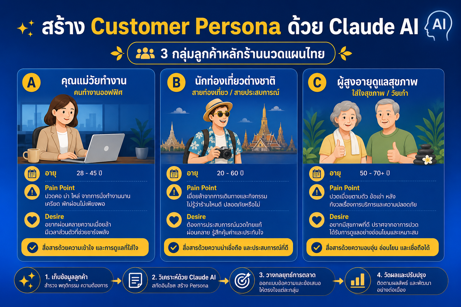 สร้าง Customer Persona 3 กลุ่มหลักด้วย Claude AI สำหรับร้านนวดแผนไทย