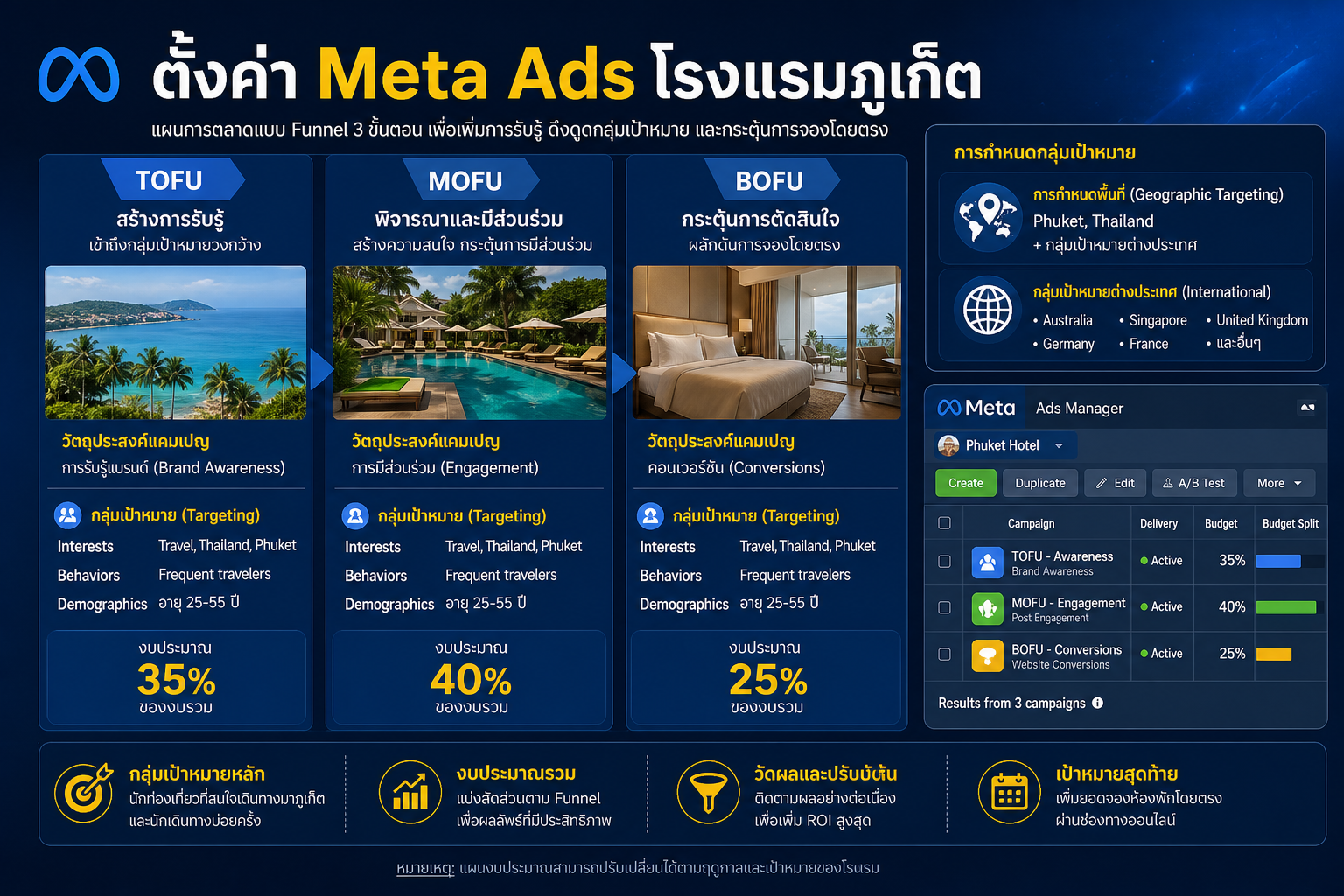 ตั้งค่า Meta Ads Targeting สำหรับโรงแรมภูเก็ตตาม Booking Funnel Stage