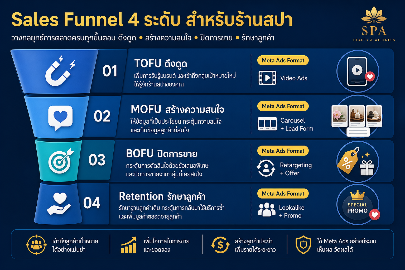 Sales Funnel 4 ระดับ TOFU MOFU BOFU Retention สำหรับร้านสปา